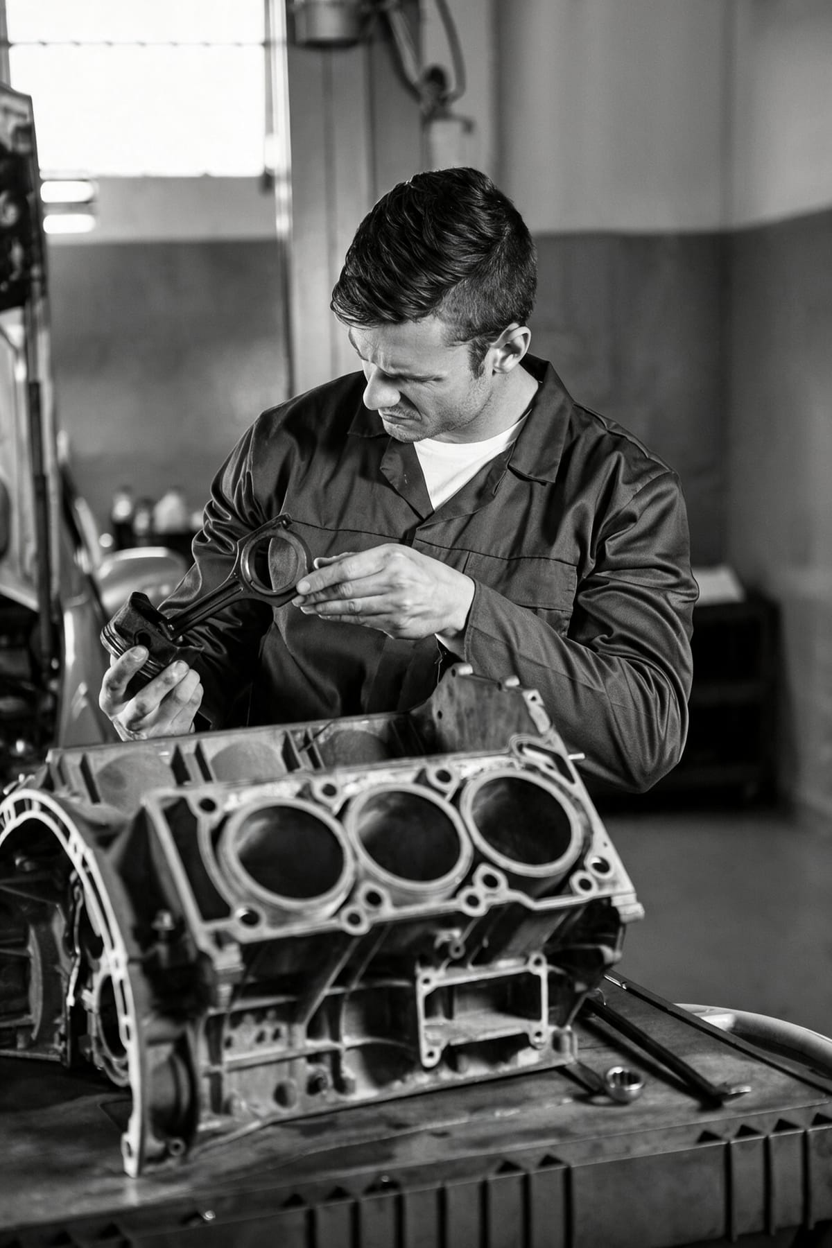 Mécanicien de MCMV Mécanique inspectant un bloc-moteur à l’atelier